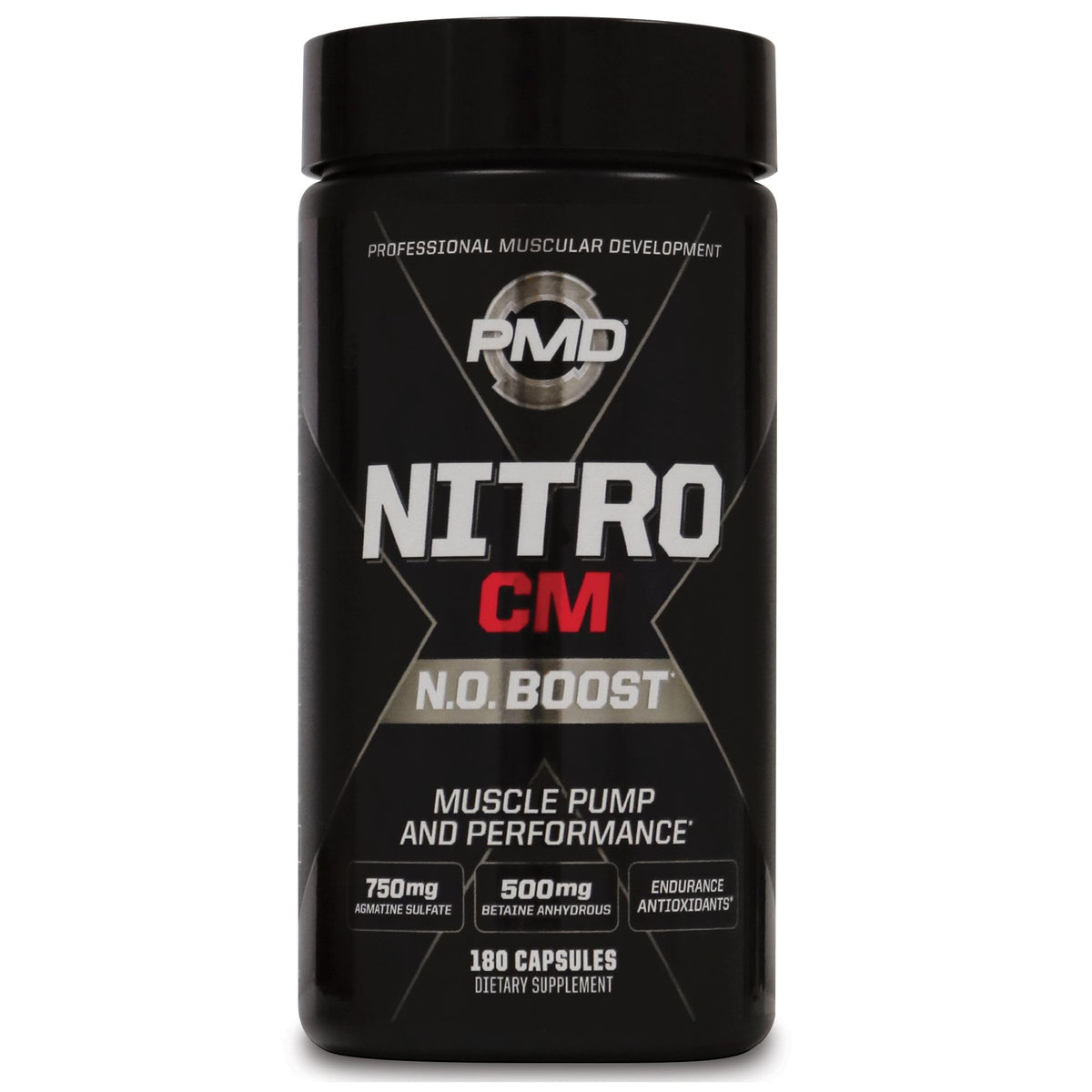 PMD Nitro CM bottle close-up for pre-workout support during training.