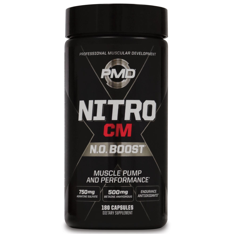 PMD Nitro CM bottle close-up for pre-workout support during training.