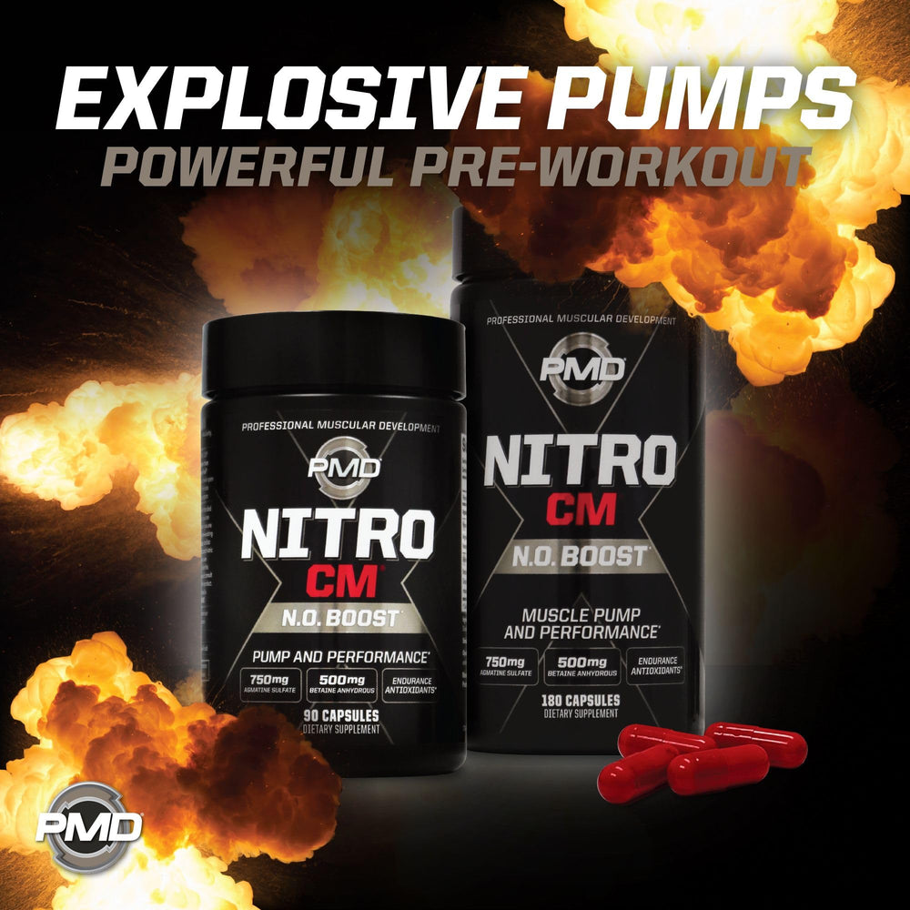 PMD Nitro CM ingredient-blend graphic featuring citrulline malate and betaine.