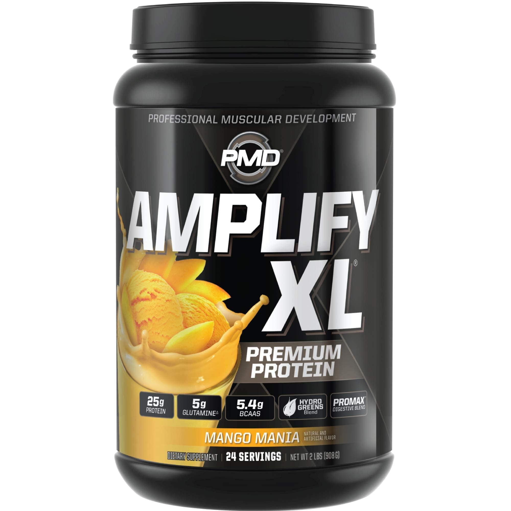 PMD Sports Amplify XL Mango Mania tub front label with 24 servings
