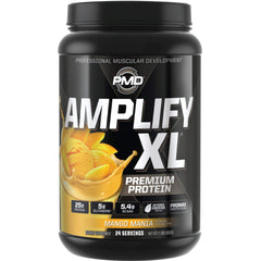 PMD Sports Amplify XL Mango Mania tub front label with 24 servings