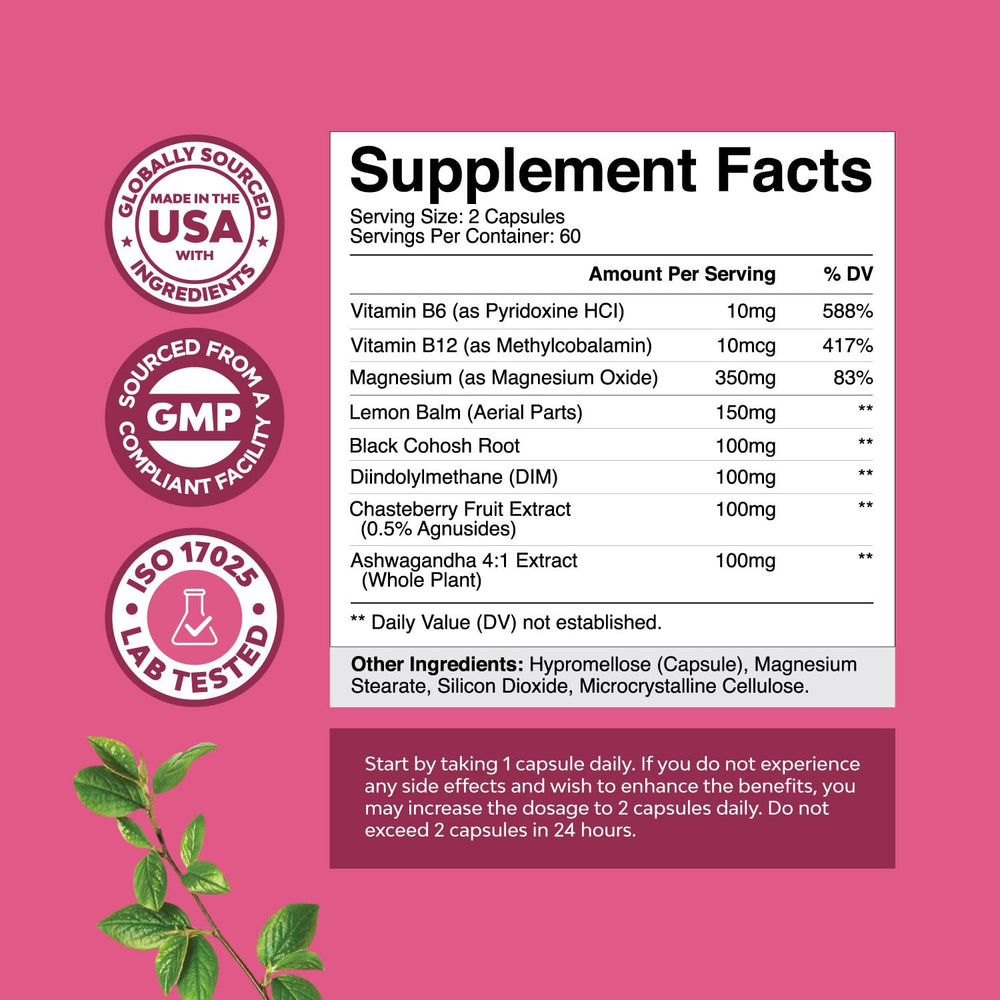 Ingredients include DIM, chasteberry, black cohosh, and ashwagandha