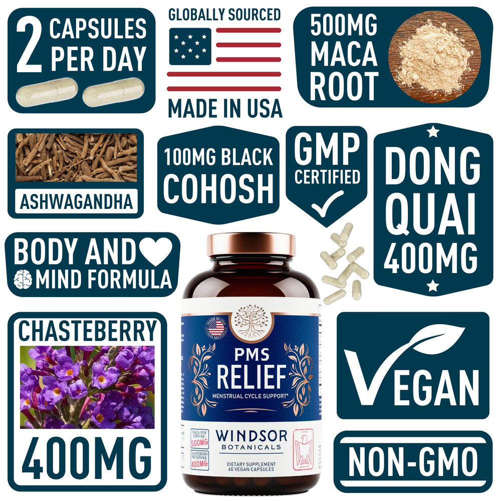 Close-up of PMS supplement bottle and packaging
