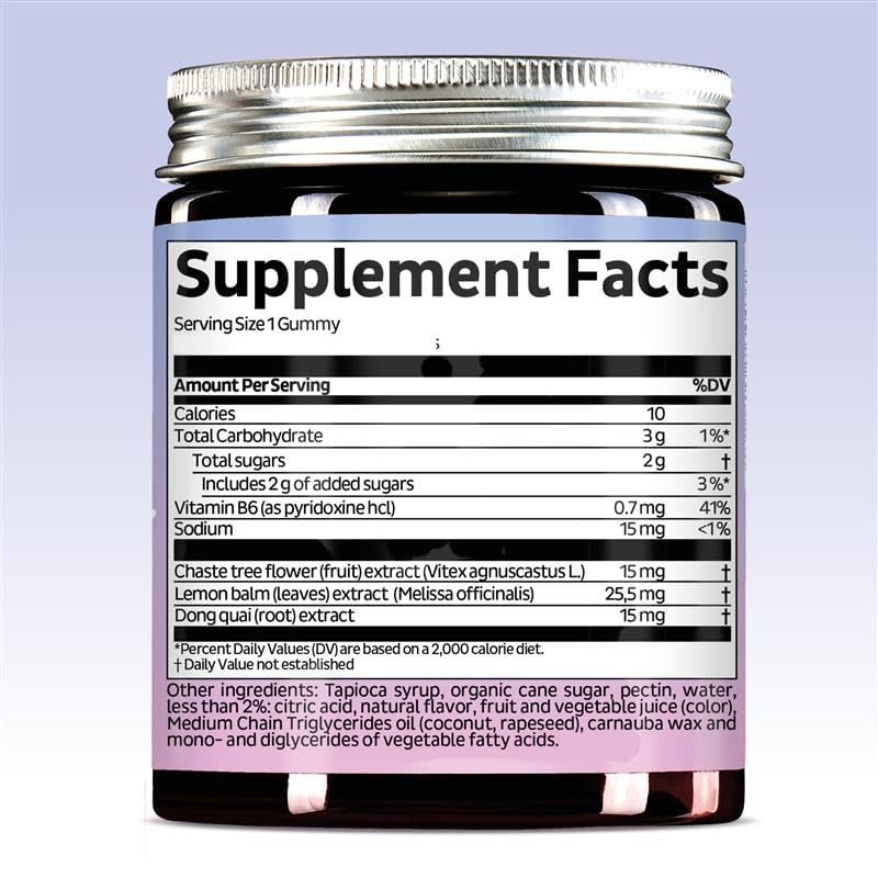 Vegan gummies featuring Vitamin B6 and Lemon Balm ingredients