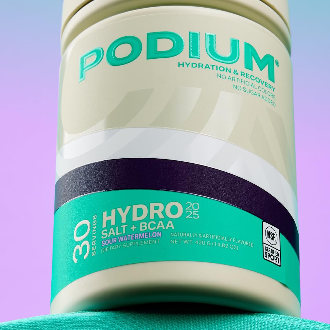 Podium Nutrition BCAA powder scoop emphasizing convenient recovery and flavor