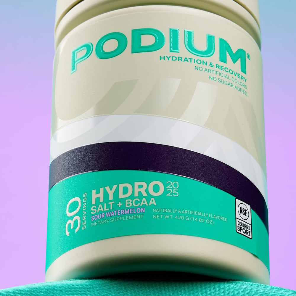 Podium Nutrition BCAA powder scoop emphasizing convenient recovery and flavor