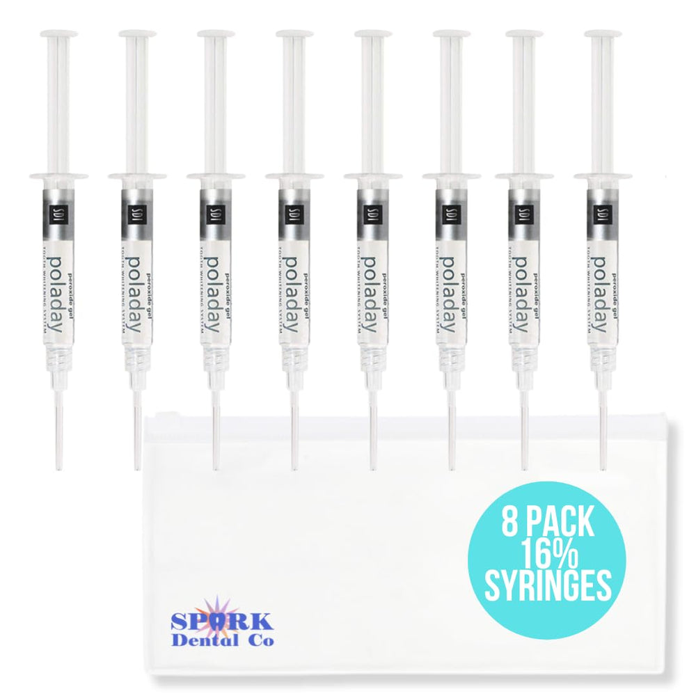 Eight Polanight 16% whitening gel syringes in packaging