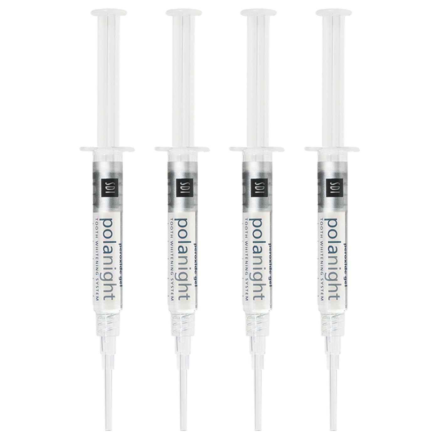 Close-up of PolaNight Spearmint 16% whitening gel syringes with four-pack packaging