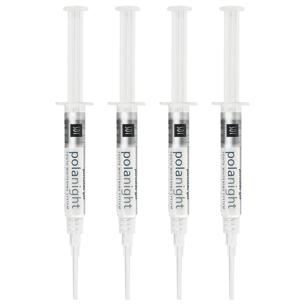 Close-up of PolaNight Spearmint 16% whitening gel syringes with four-pack packaging