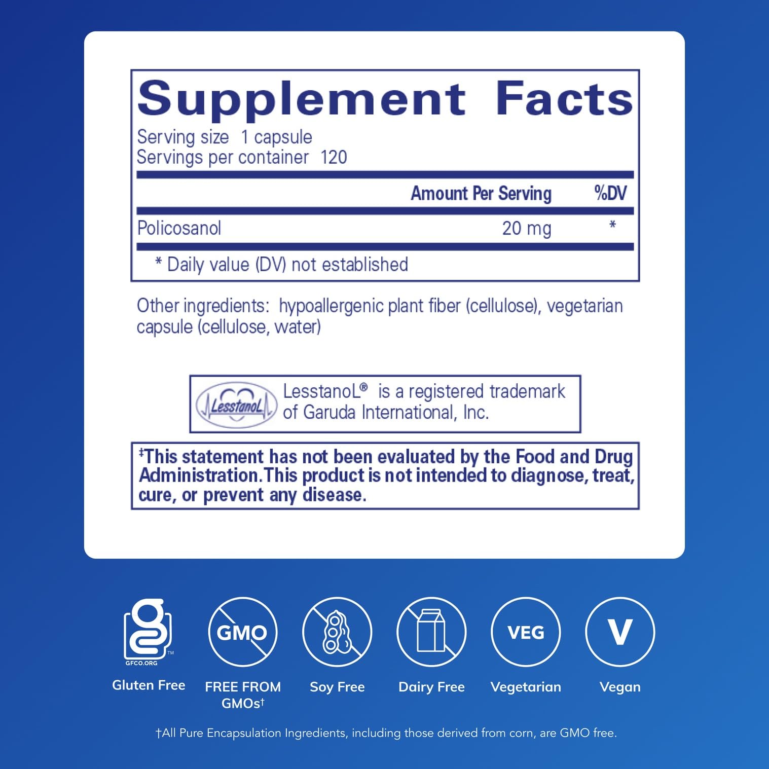 Back panel with supplement facts for Policosanol 20 mg
