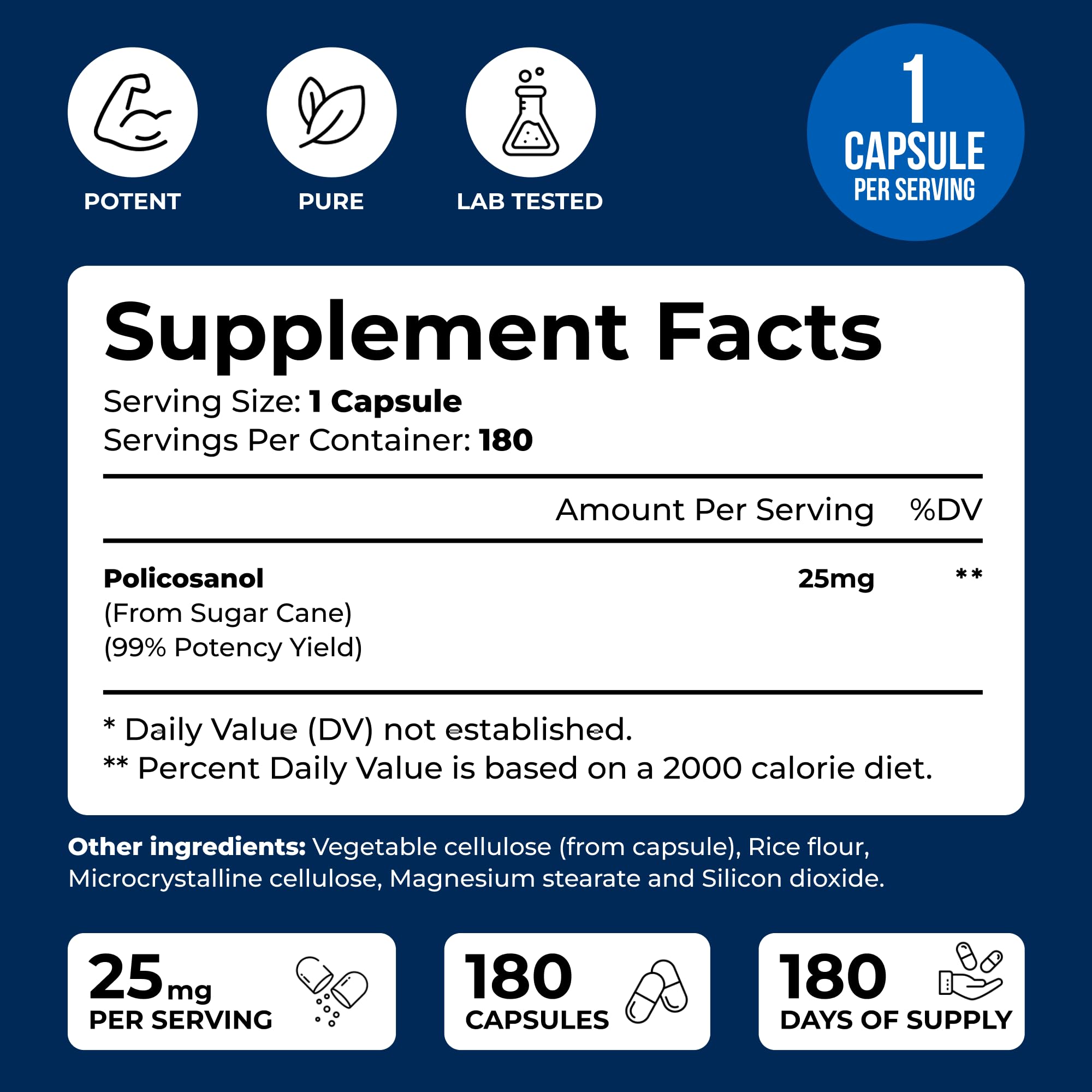 Policosanol 25mg 180 capsules bottle back panel
