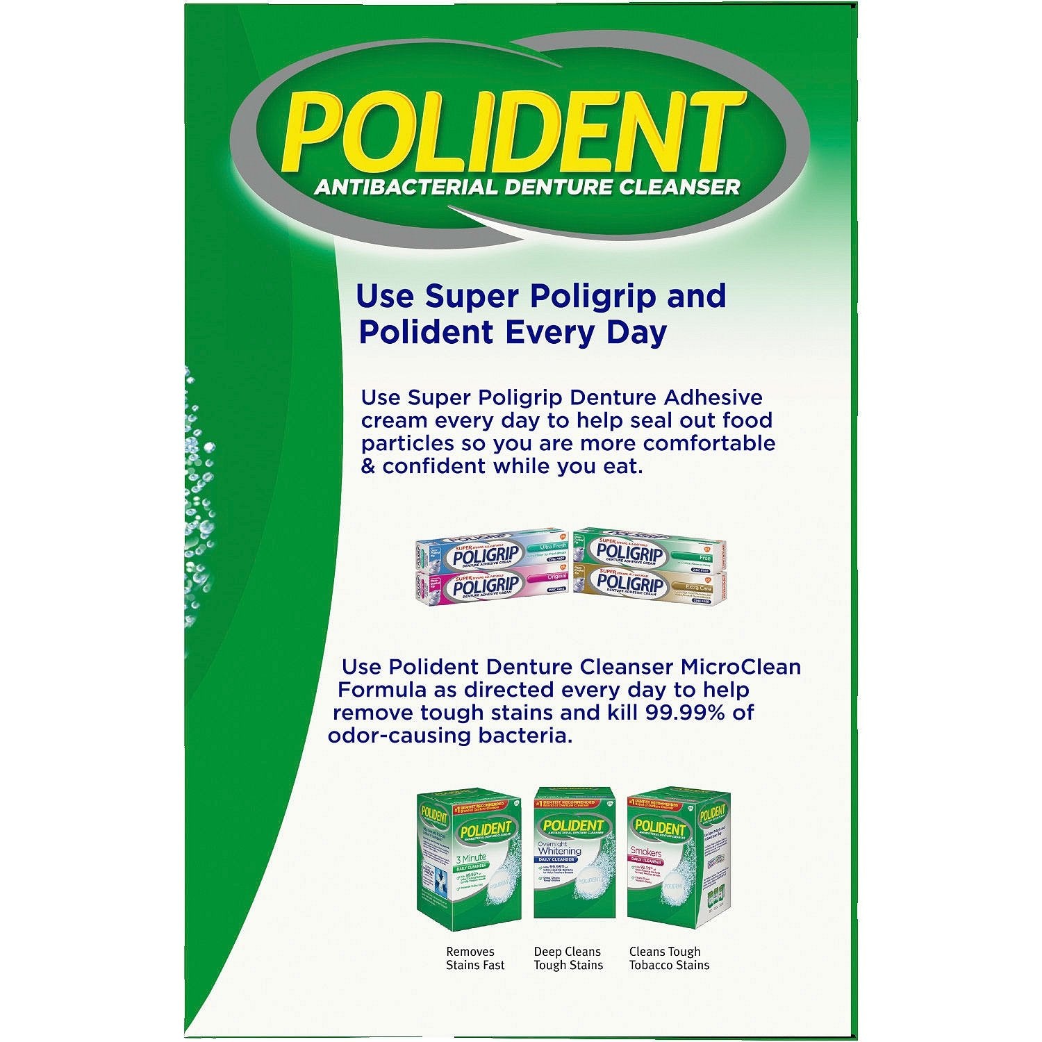 Polident 3 Minute Denture Cleanser packaging and label