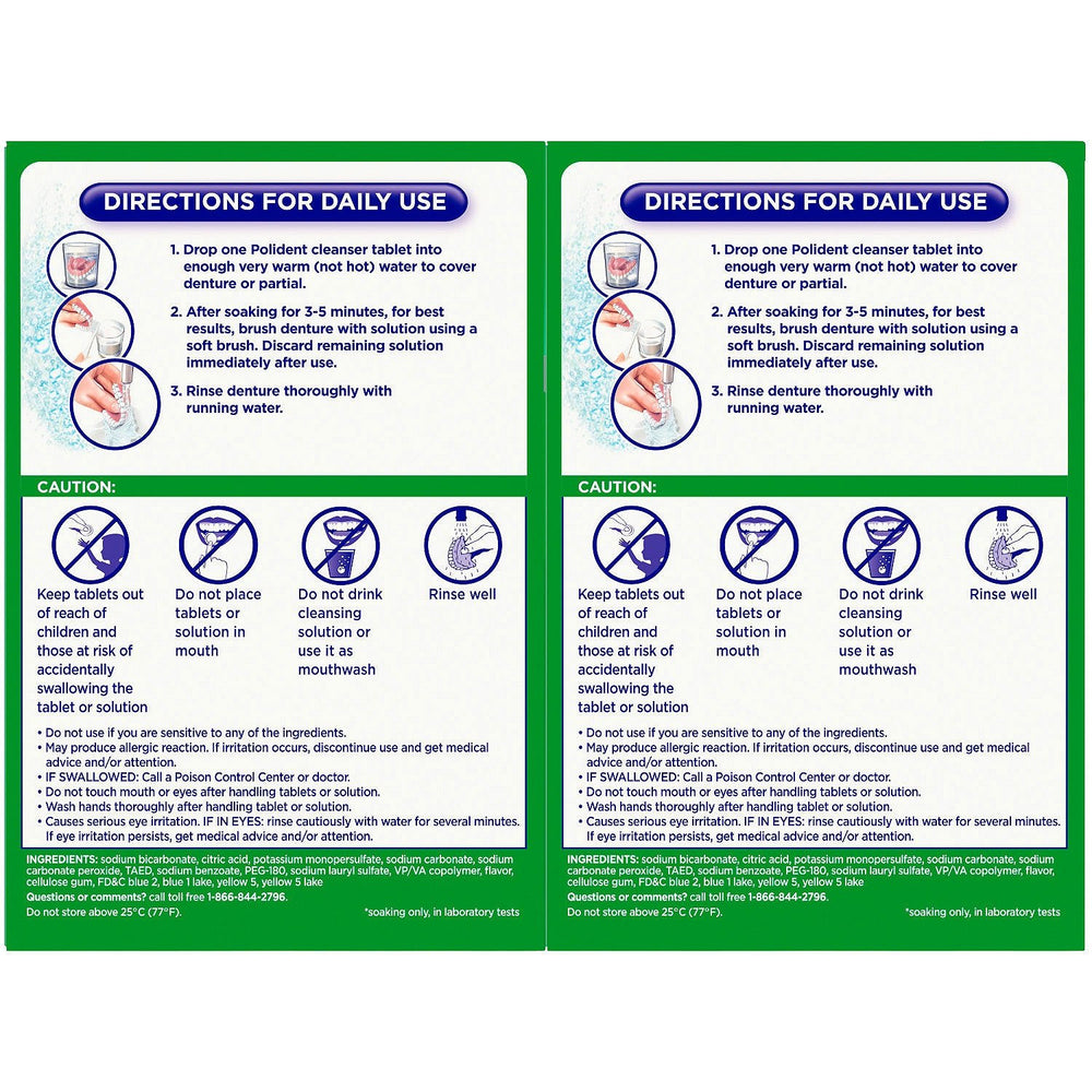 Close-up of Polident 3 Minute Denture Cleanser tablets