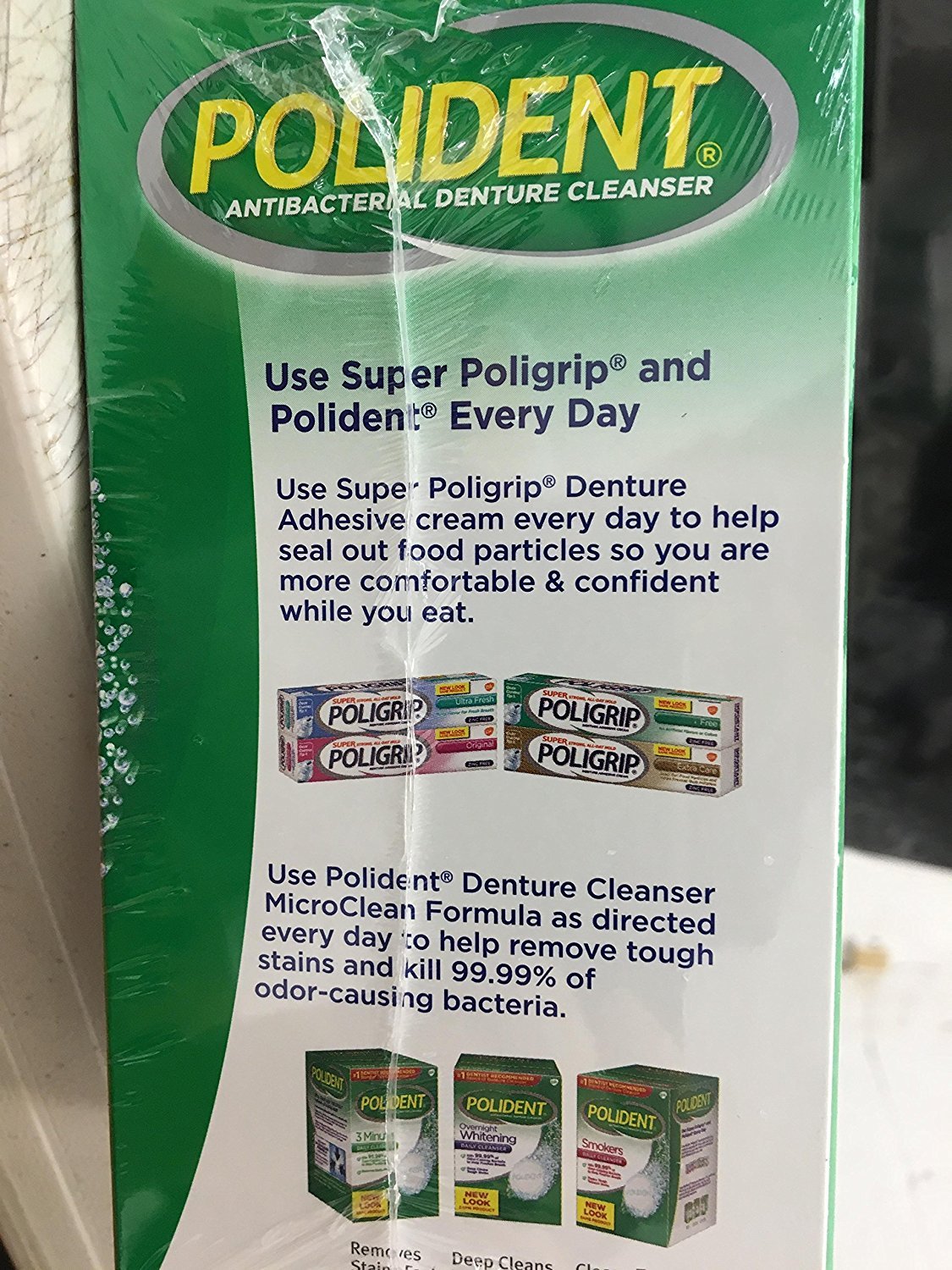 Minty fresh Polident denture cleanser packaging and tablets