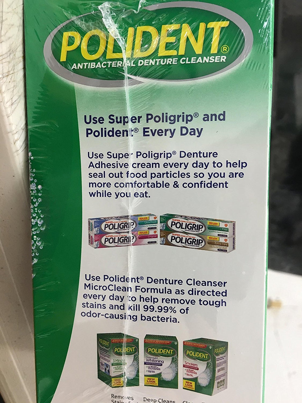 Minty fresh Polident denture cleanser packaging and tablets