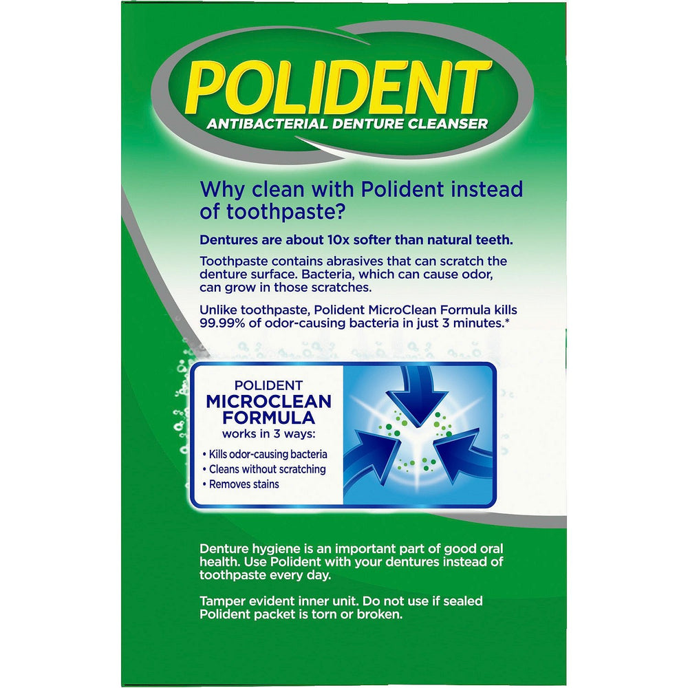 Graphic illustrating Polident MicroClean formula for denture cleanser