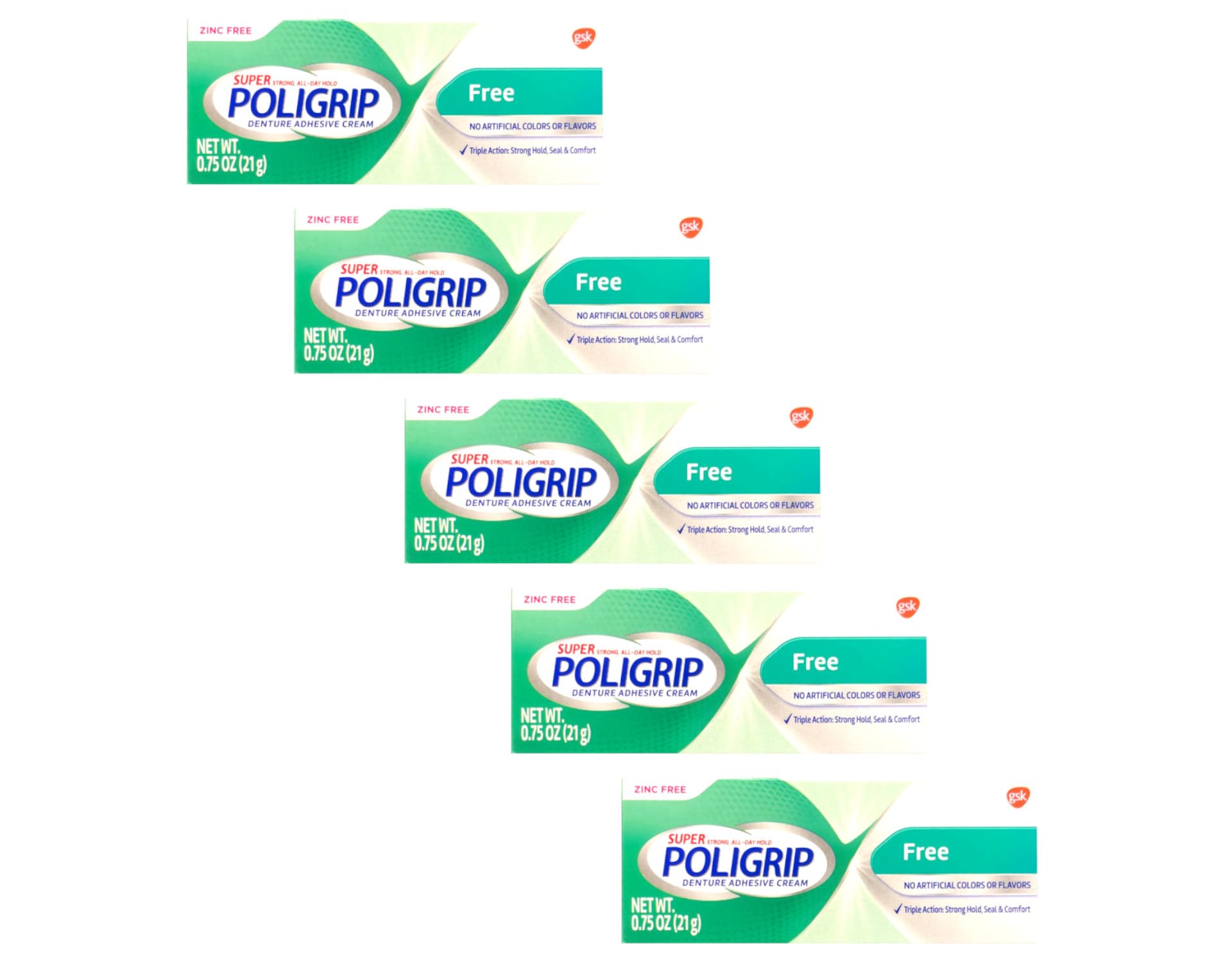 Close-up of Poligrip 5-pack packaging