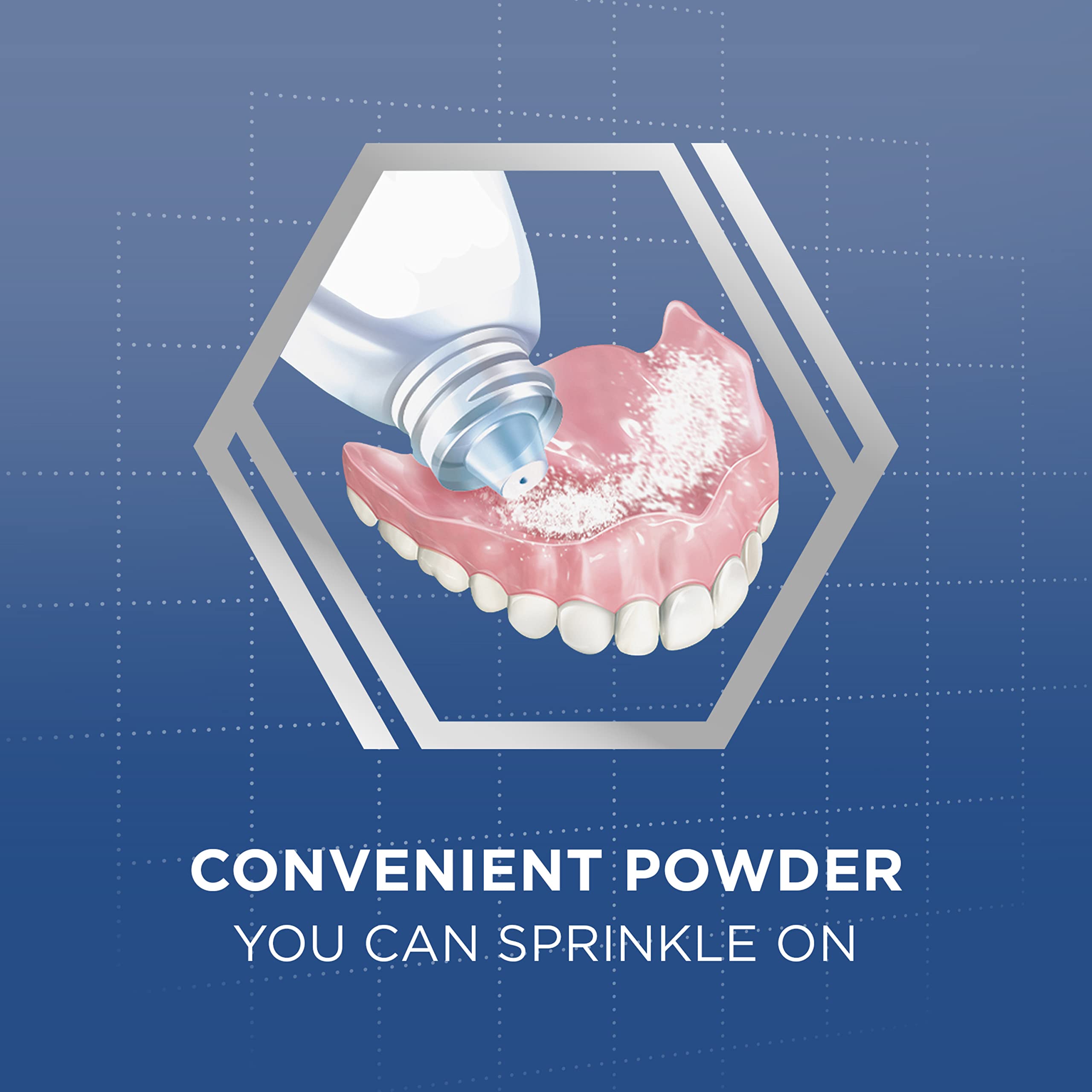 Close-up of zinc-free Poligrip denture adhesive powder in a tub
