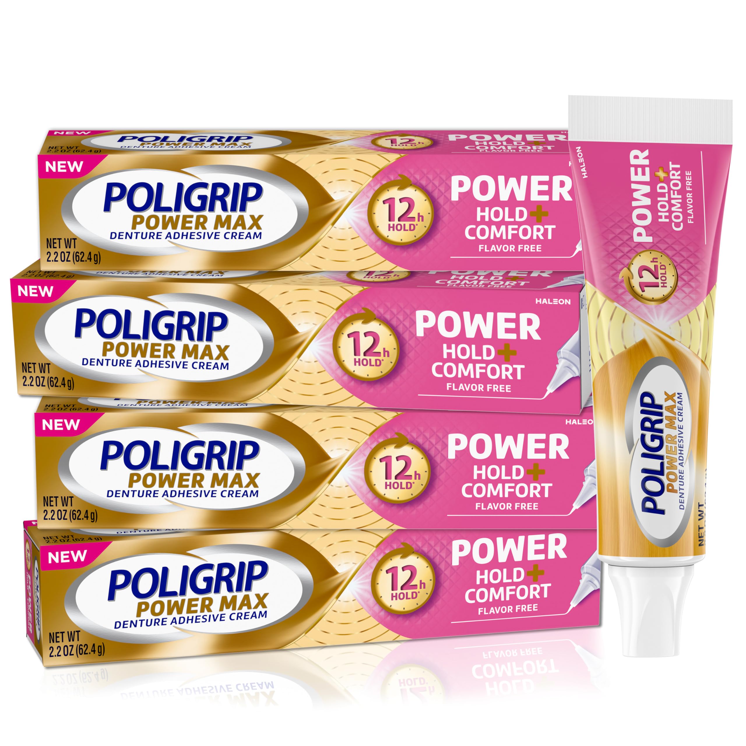Four 2.2 oz tubes of Poligrip Power Max Hold Plus Comfort denture adhesive cream