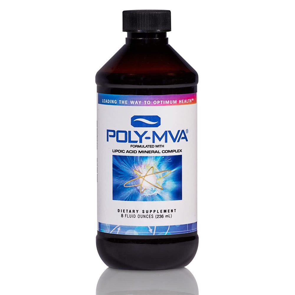 Bottle of Poly-MVA dietary supplement with label visible