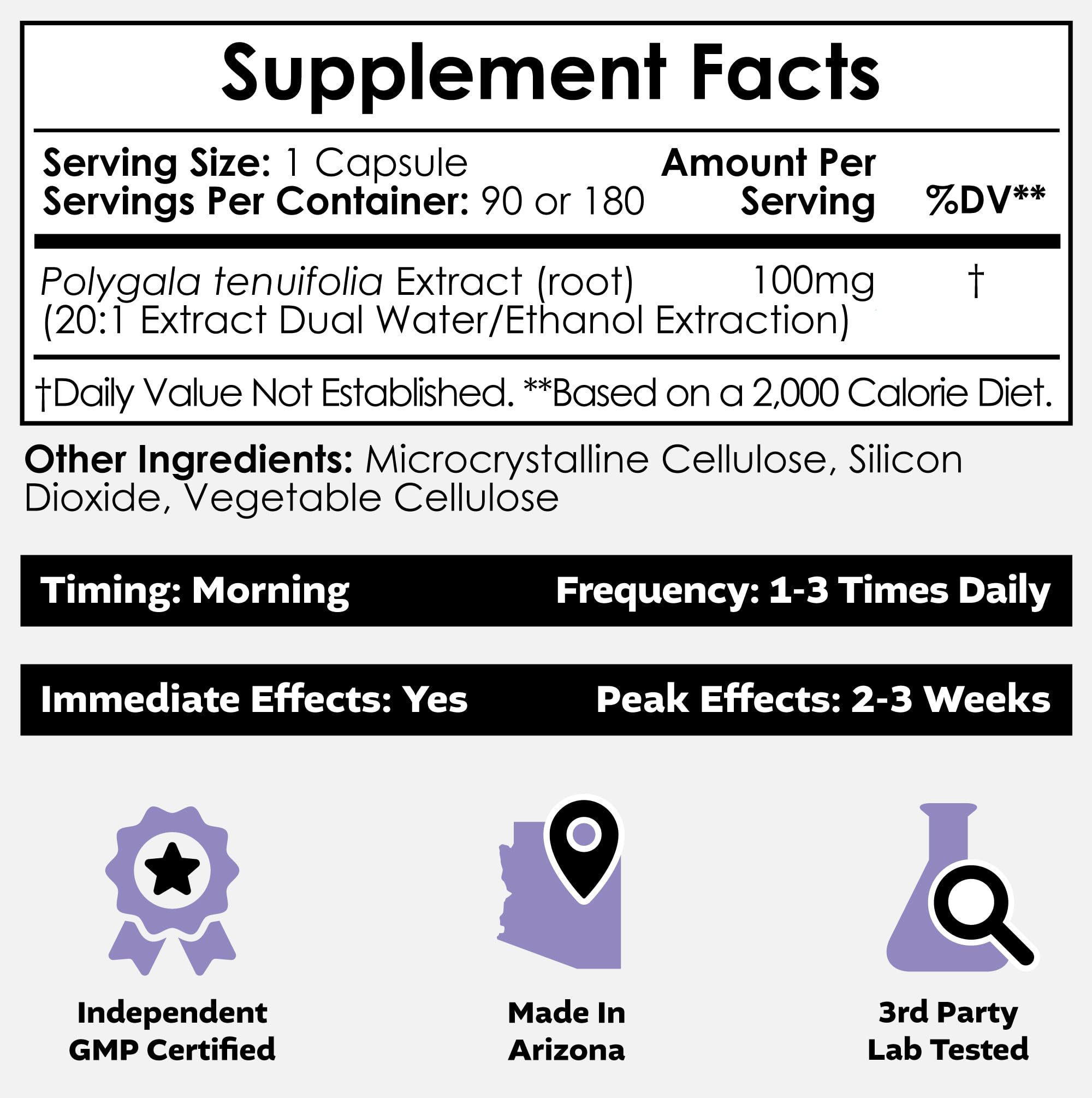 Polygala tenuifolia capsules close-up showing 100 mg dosage