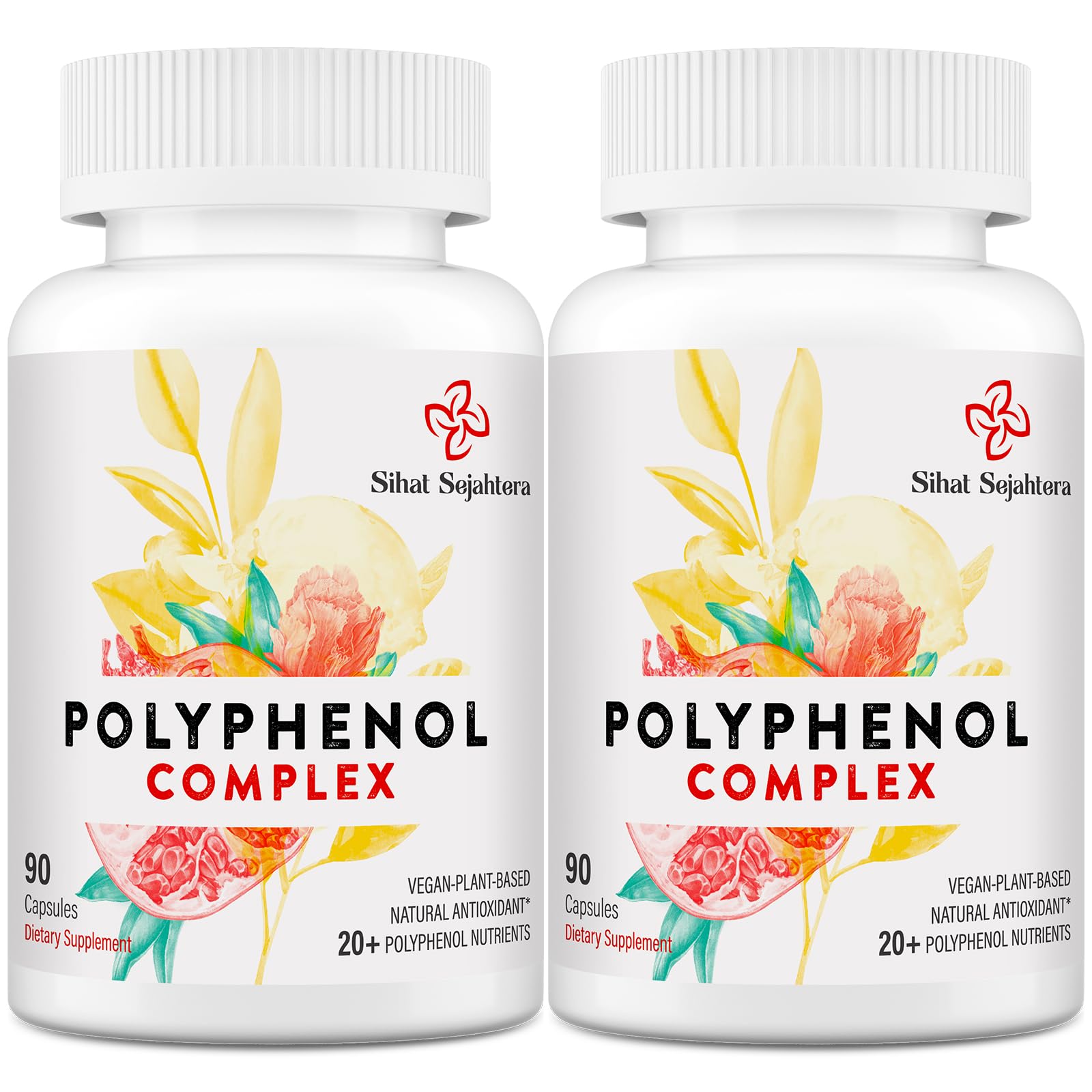 Bottle of 67,500 mg polyphenols supplement on white background