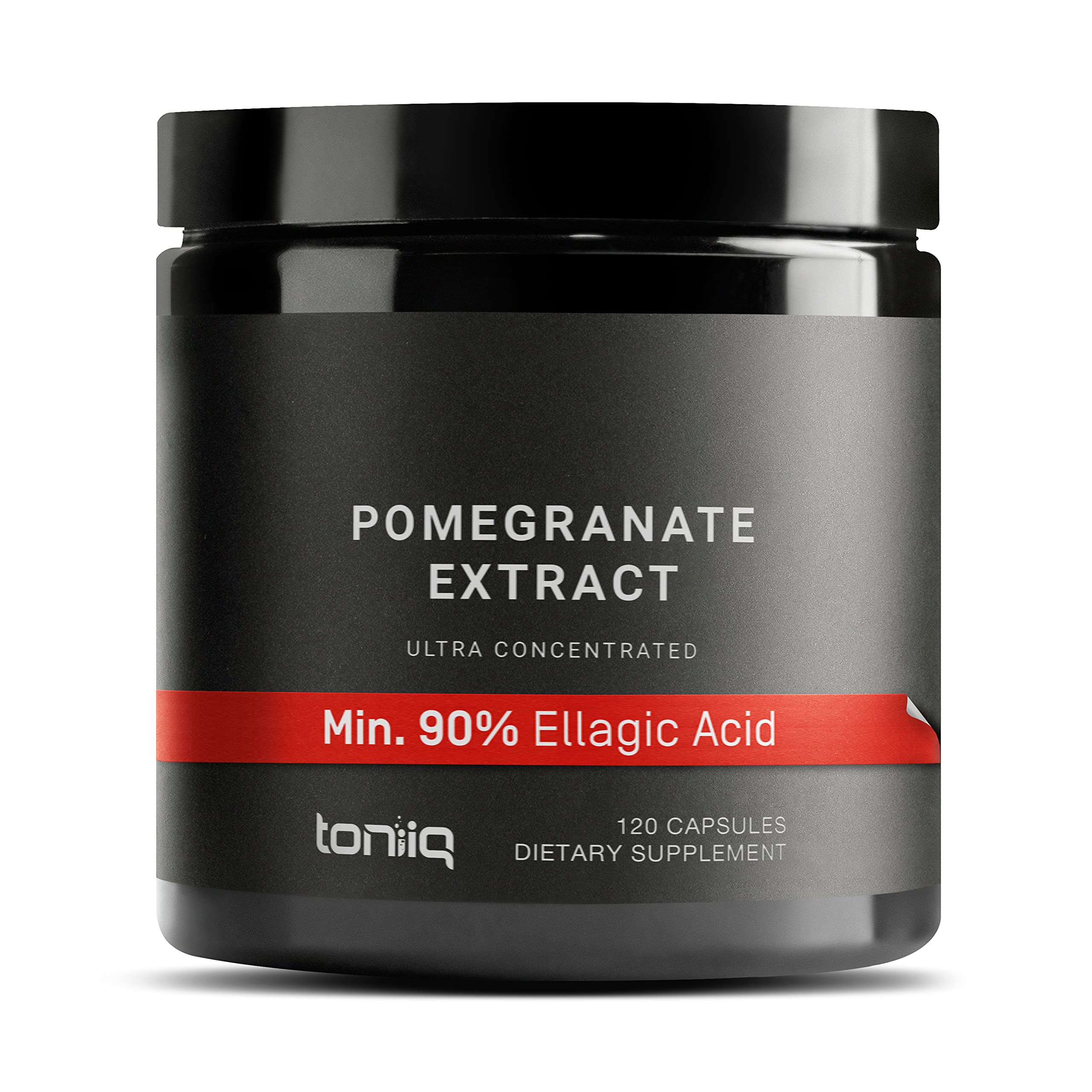 Toniiq Pomegranate Extract bottle label showing 90% ellagic acid
