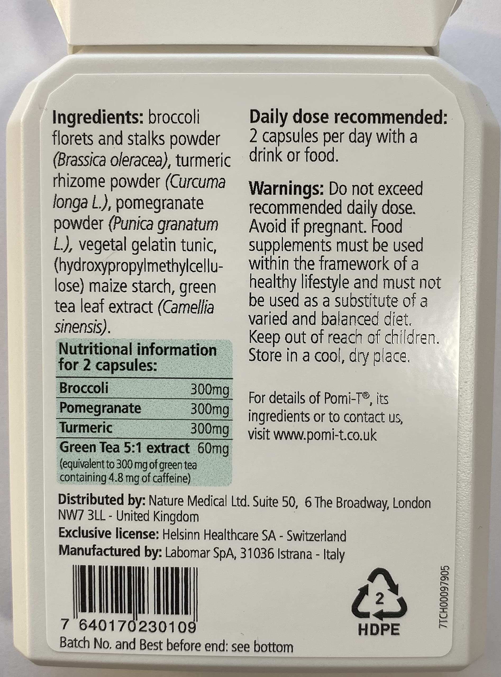 Close-up of Pomi-T capsules with broccoli, turmeric, pomegranate and green tea ingredients