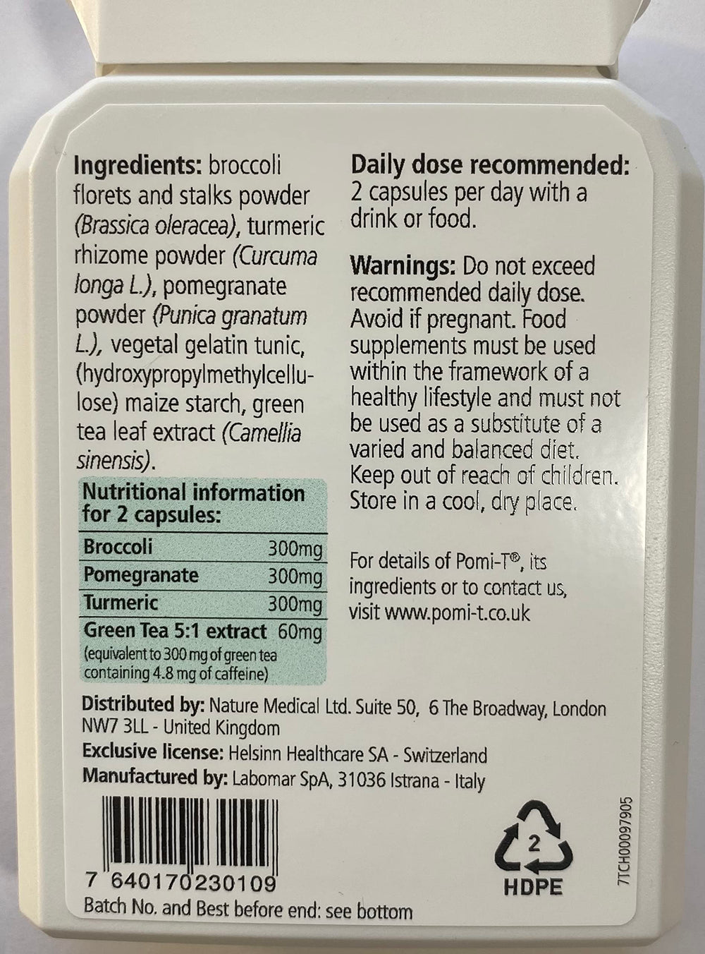 Close-up of Pomi-T capsules with broccoli, turmeric, pomegranate and green tea ingredients