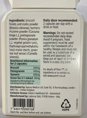 Close-up of Pomi-T capsules with broccoli, turmeric, pomegranate and green tea ingredients