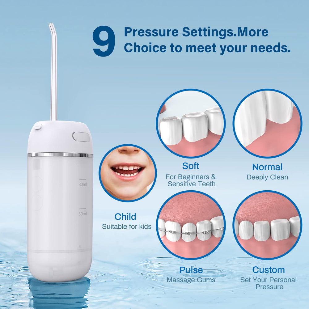 Water flosser showing 9 adjustable pressure modes