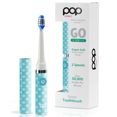 Front view of Pop Sonic Blue Dots travel toothbrush