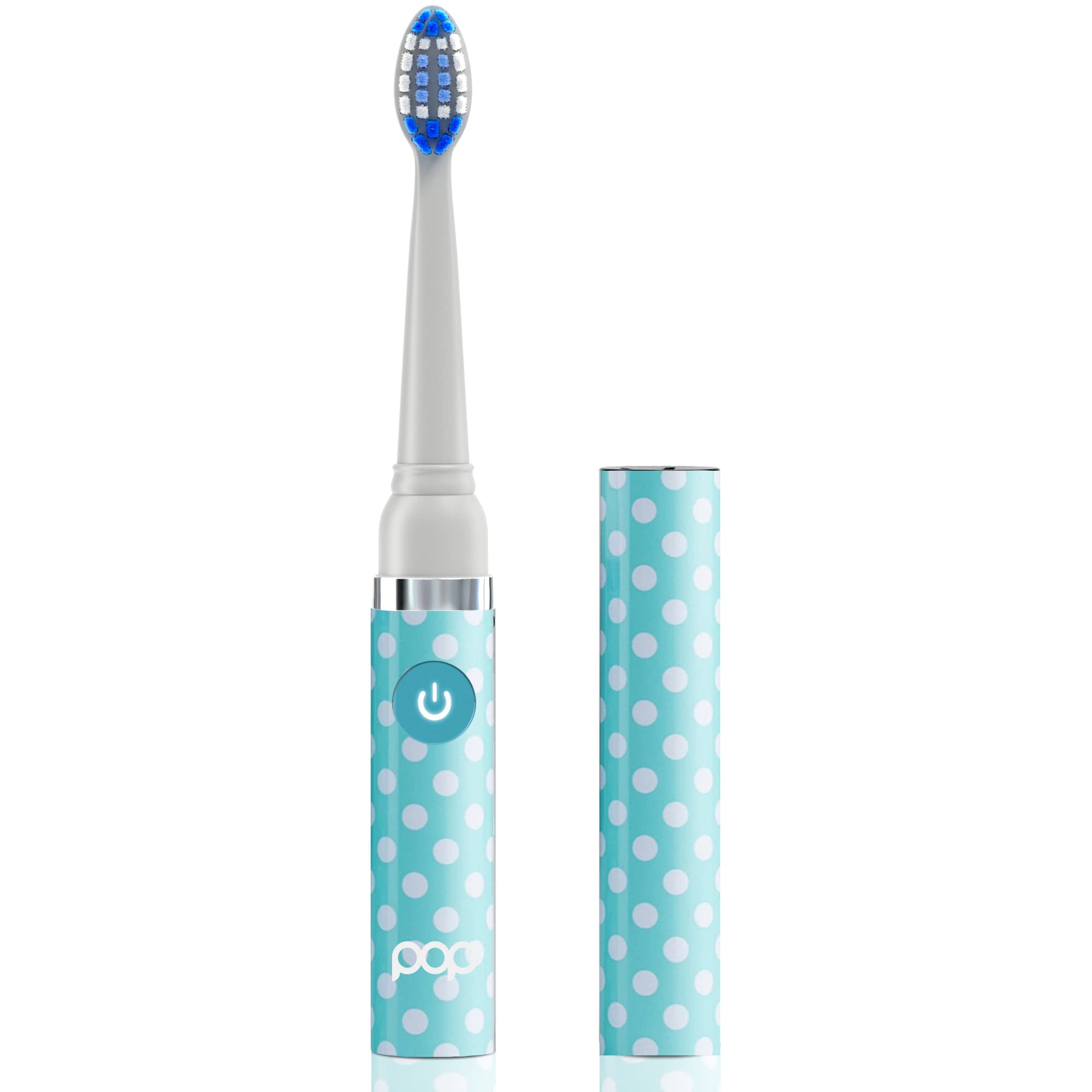 Side angle of ergonomic slim travel toothbrush