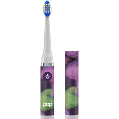 Travel toothbrush with purple artwork and snap on cap