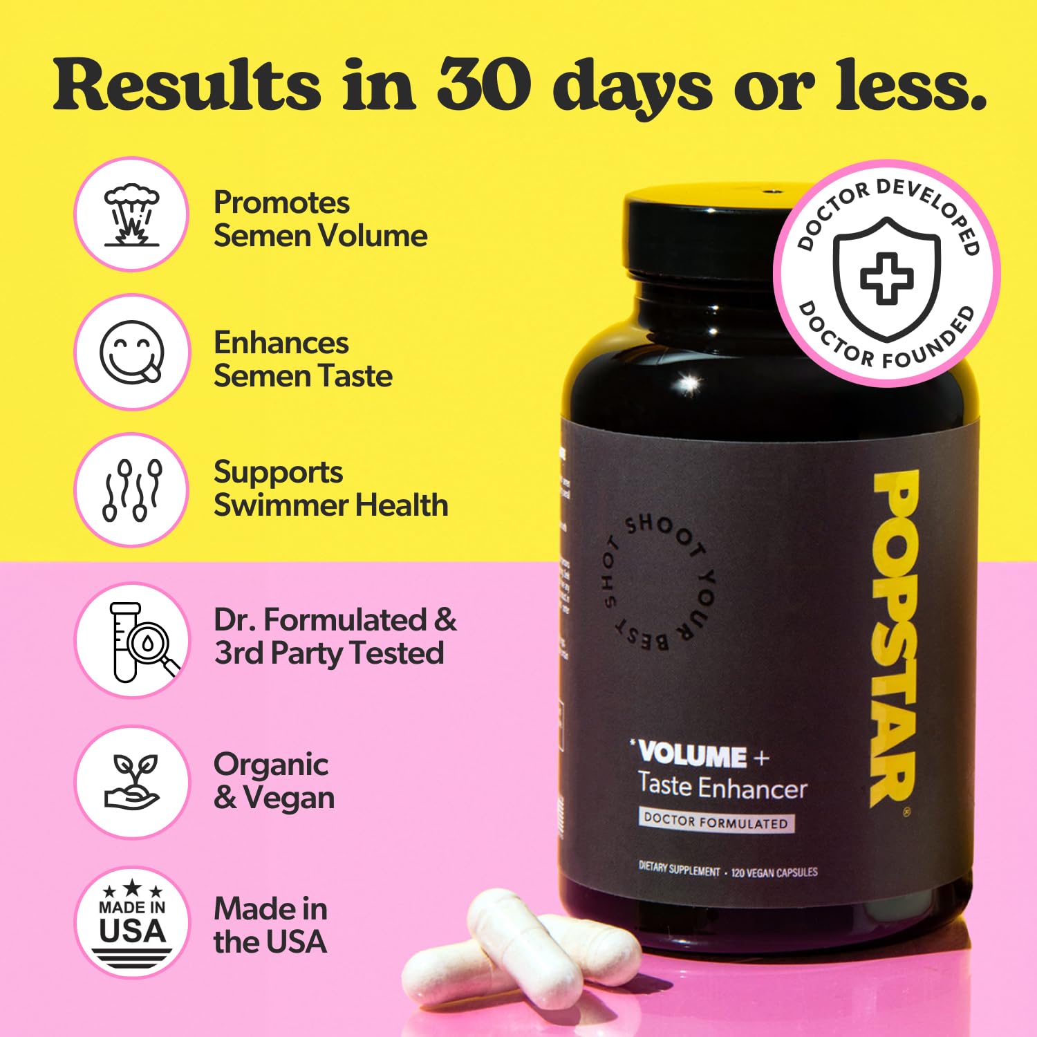 Close-up of POPSTAR Semen Volume Booster capsules