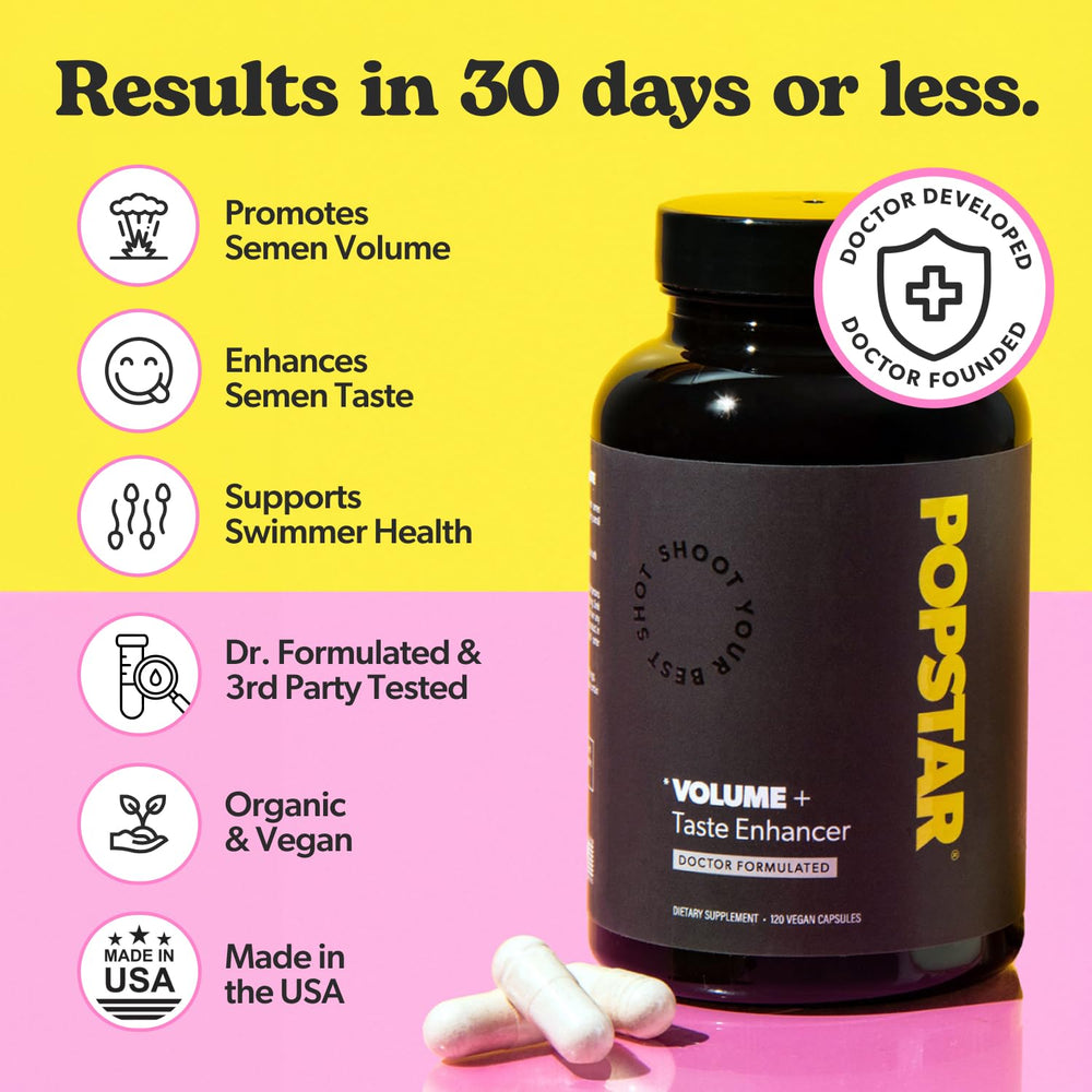 Close-up of POPSTAR Semen Volume Booster capsules