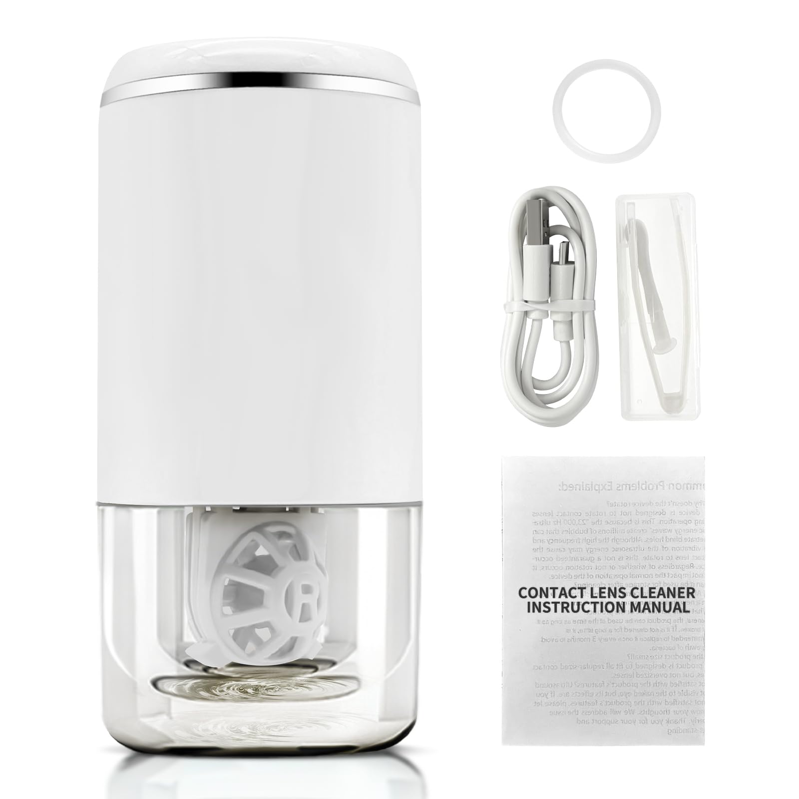 Front view of portable ivory white contact lens cleaner
