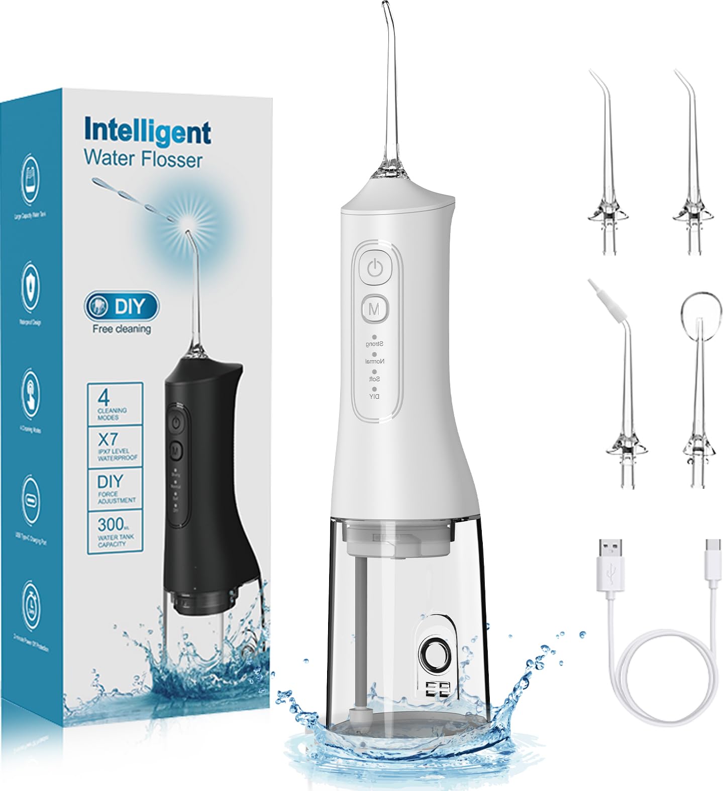 Portable cordless water dental flosser with 300ml tank in white