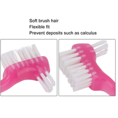 Portable denture brush with ergonomic pink handle for travel