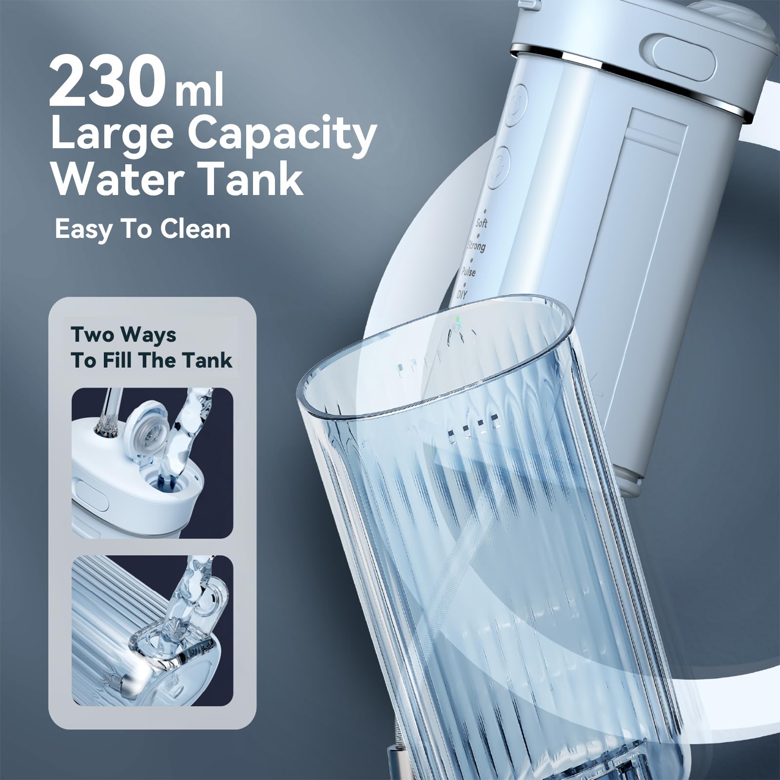 Large 230 ml water tank with two interchangeable sizes