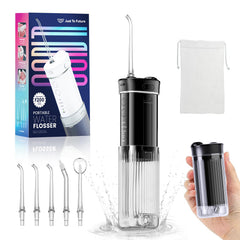 Portable mini water flosser in black with telescopic water tank