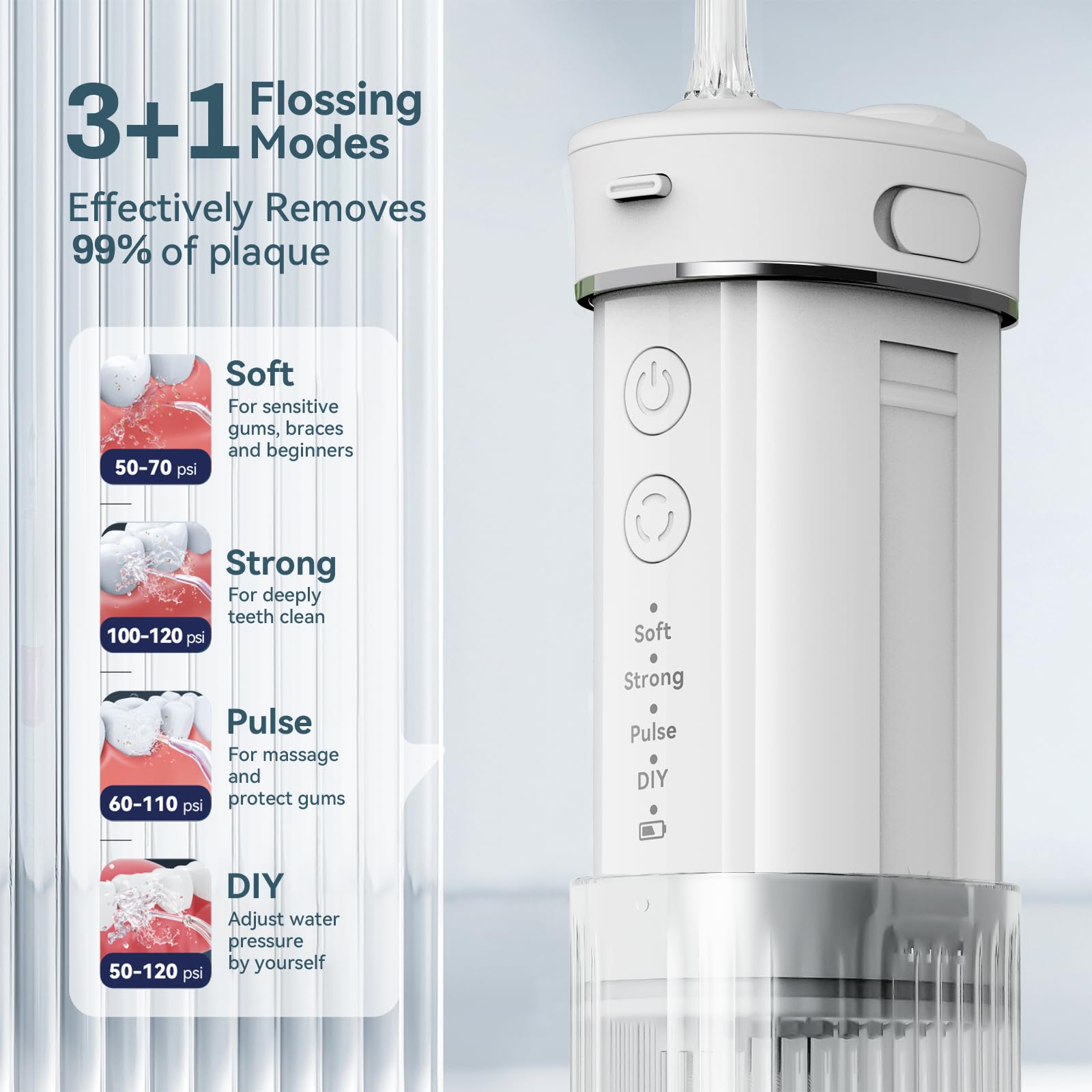 Cordless water flosser showing 230ml telescopic reservoir
