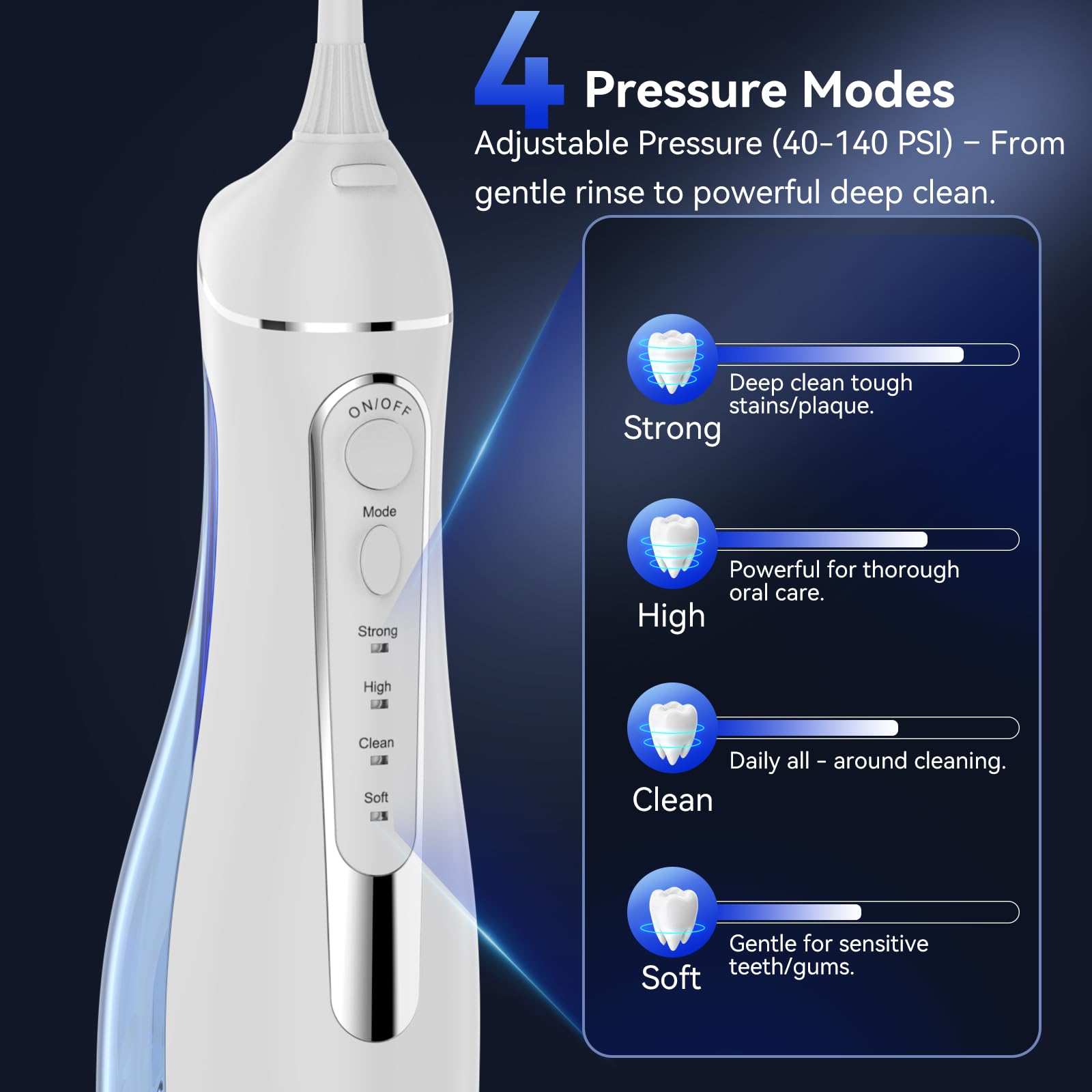 Portable oral irrigator with four cleaning modes for braces and gum care