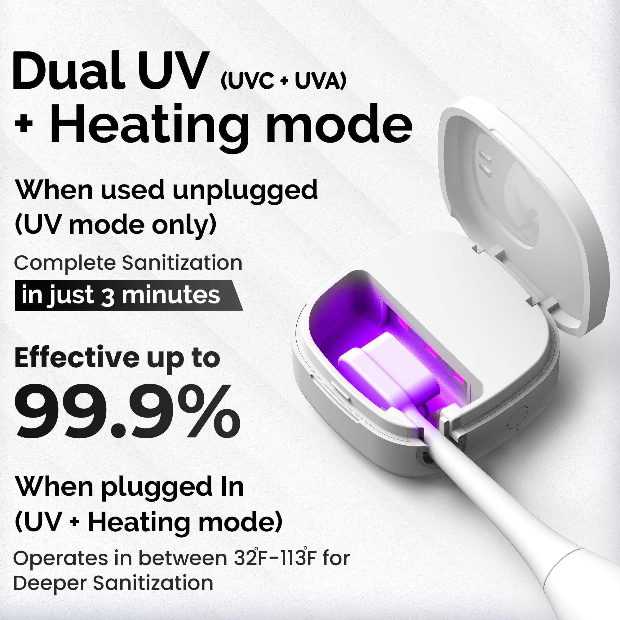 UV-C quick disinfection cycle visual showing a 3-minute cleaning.