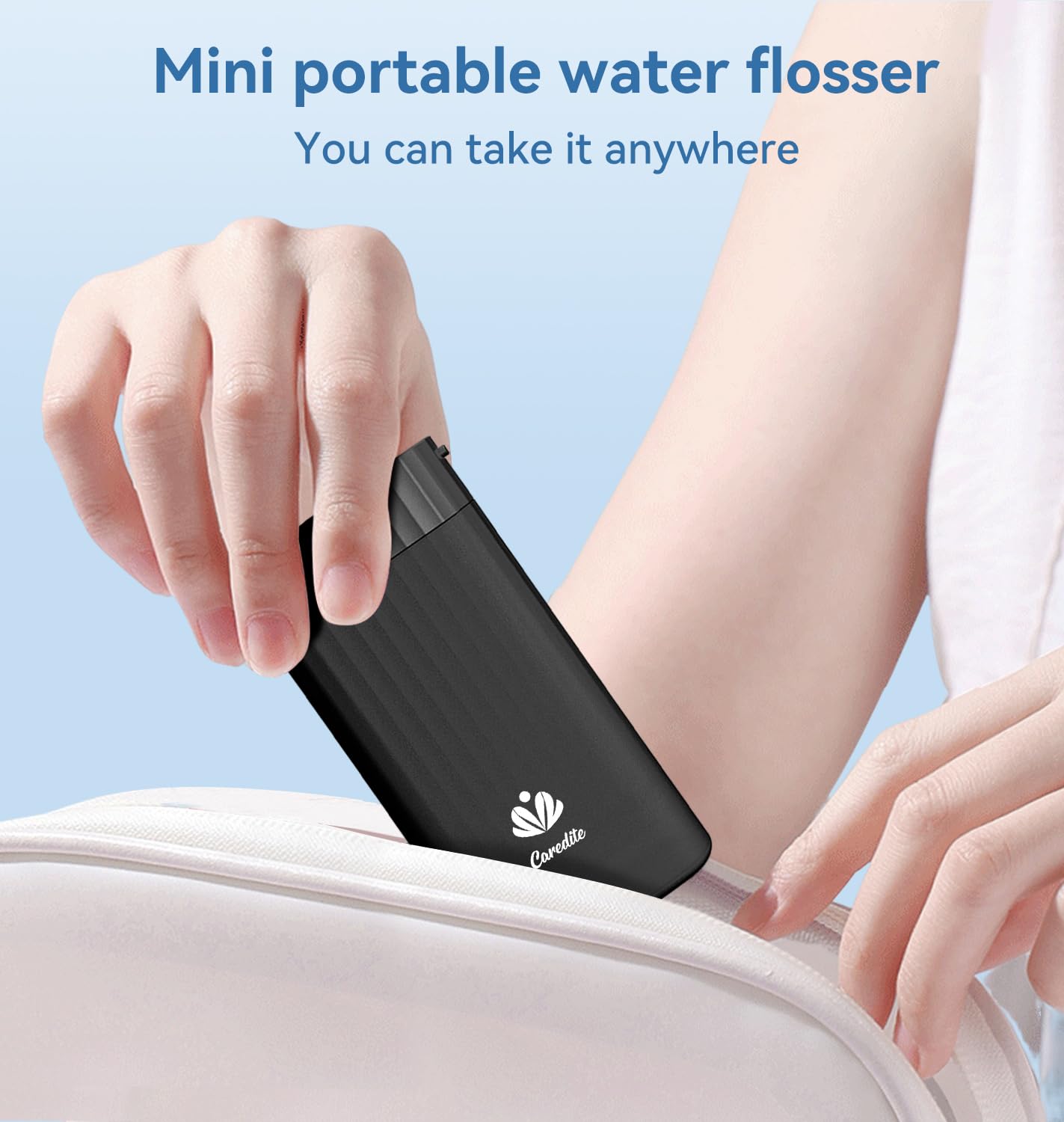 Side view of black cordless oral irrigator for travel