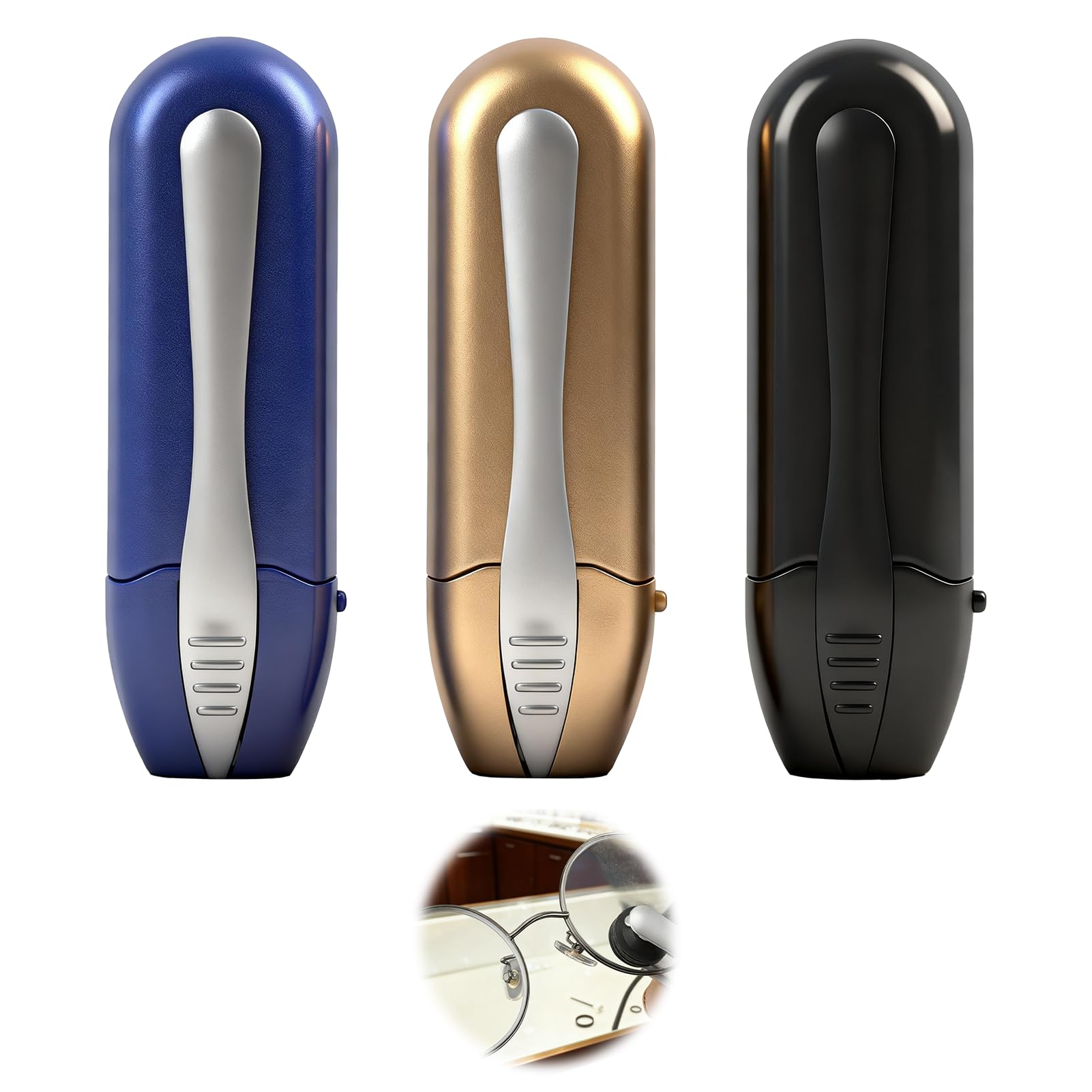 Three-pack portable microfiber eyeglass cleaner set in black, blue, and gold