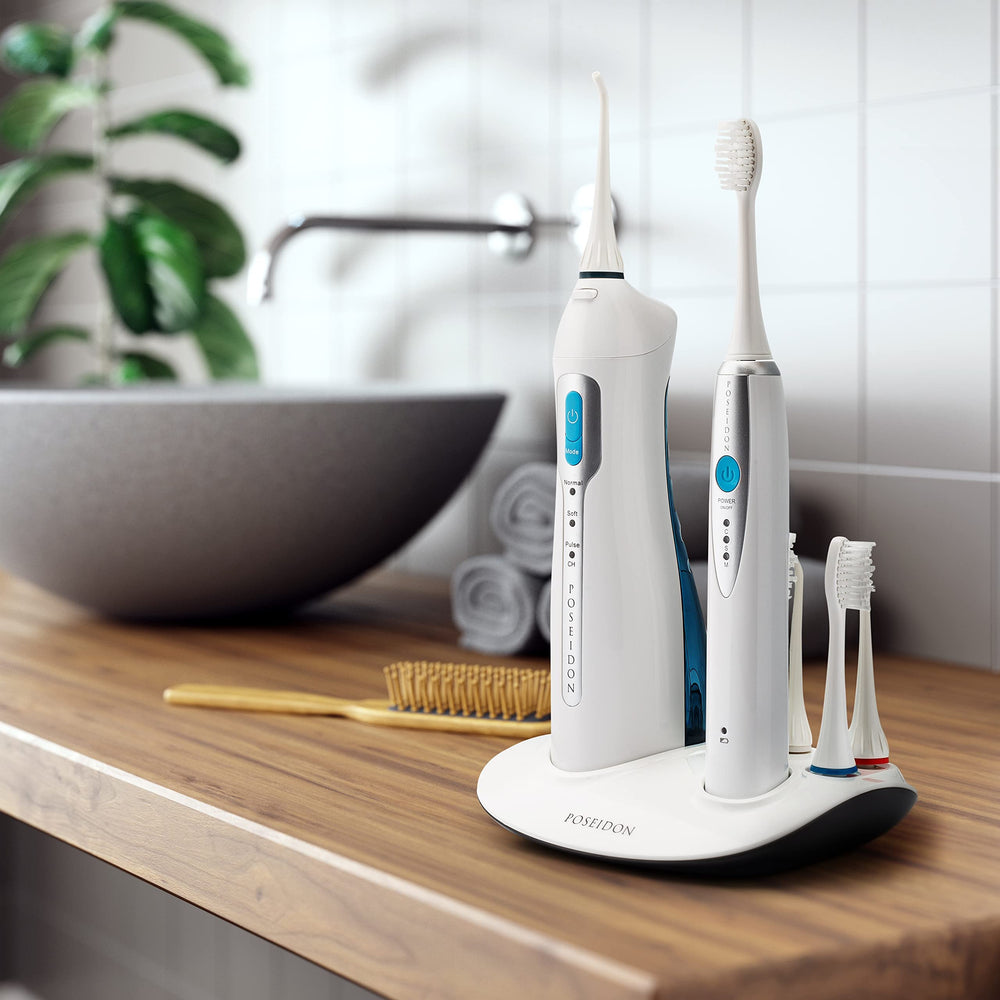Poseidon toothbrush and irrigator with tips for multiple users