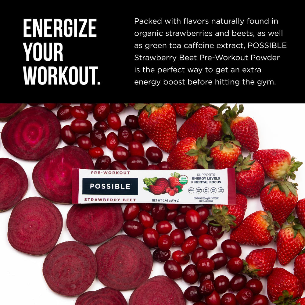 Possible Beet Pre-Workout box showing Organic, Non-GMO, Gluten-Free, vegan labels