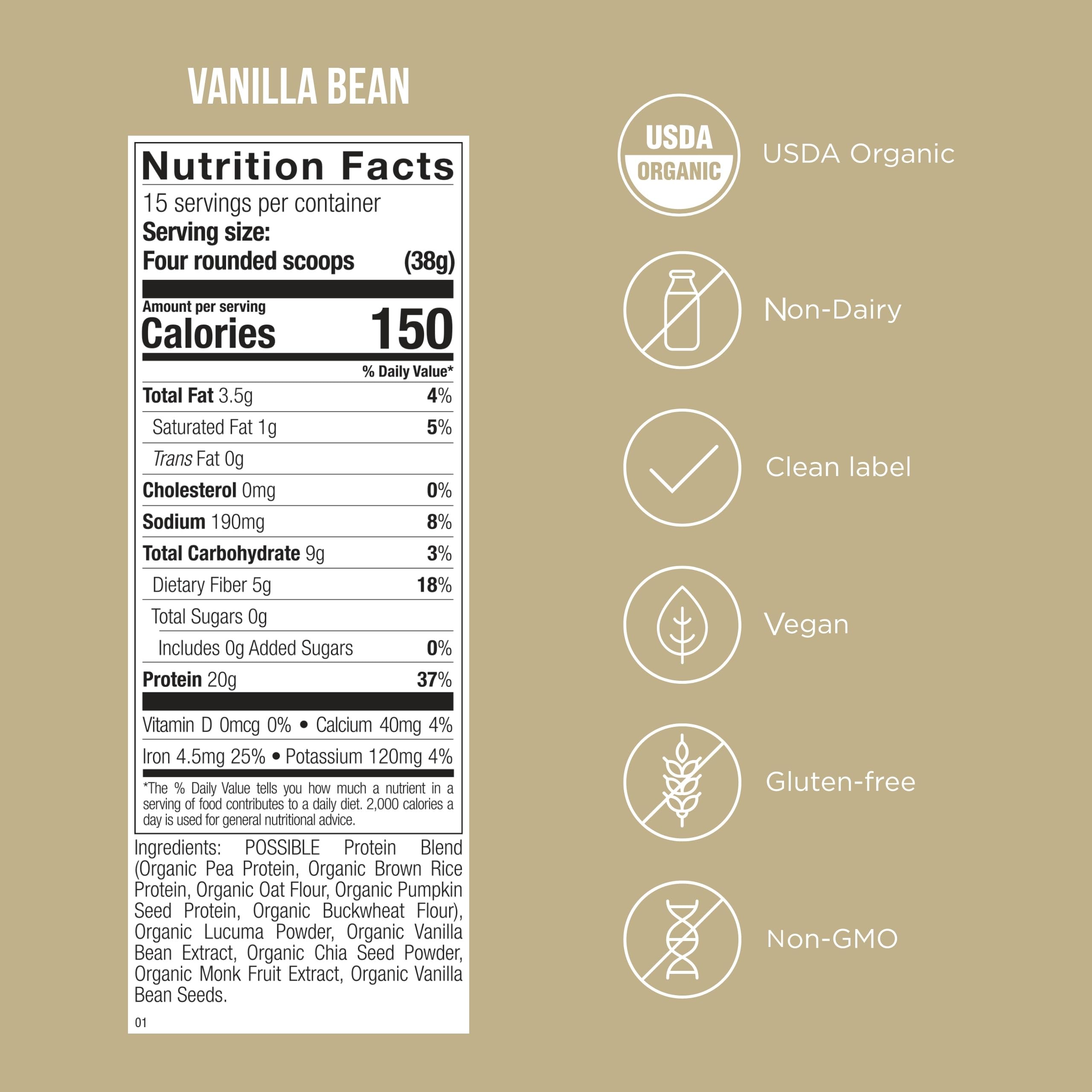 Possible Organic Clean-Label packaging emphasizes non-GMO, gluten-free, dairy-free formula.
