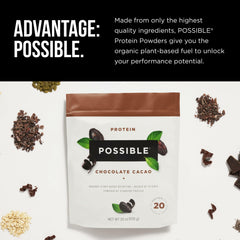 Possible protein powder chocolate cacao back-of-label shows nine essential amino acids